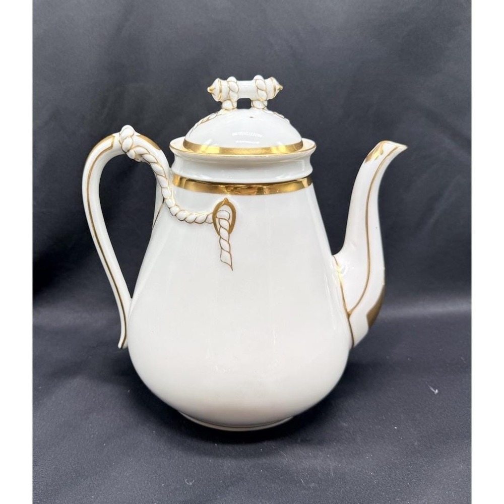 Antique Haviland Limoges White Teapot Gold Gilt Rope Handle Porcelain China - Picture 3 of 7